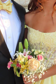 Yellow A-Line Empire-Waist Strapless Appliques Pleats Long Prom Dress