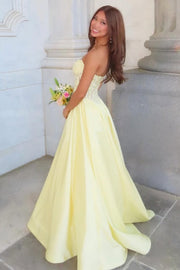 Yellow A-Line Empire-Waist Strapless Appliques Pleats Long Prom Dress
