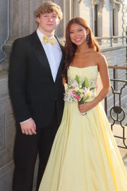 Yellow A-Line Empire-Waist Strapless Appliques Pleats Long Prom Dress