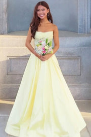 Yellow A-Line Empire-Waist Strapless Appliques Pleats Long Prom Dress