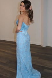 Blue Strapless V-Neck Lace Appliques Sleeveless Prom Dress with Slit