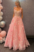 Princess Pink A-Line Lace Flowers Sleeveless Straps Long Prom Dress