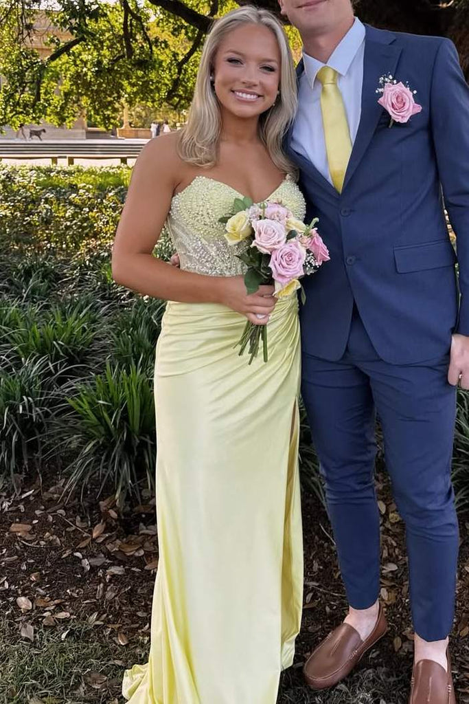 Strapless V-Neck Beads Sleeveless Pleats Yellow Satin Slit Long Prom D