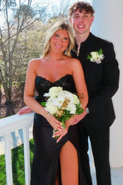 Black Strapless Appliques Sweetheart Mermaid Prom Dress with Slit