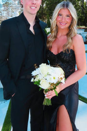 Black Strapless Appliques Sweetheart Mermaid Prom Dress with Slit