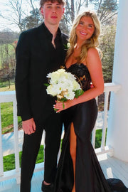 Black Strapless Appliques Sweetheart Mermaid Prom Dress with Slit