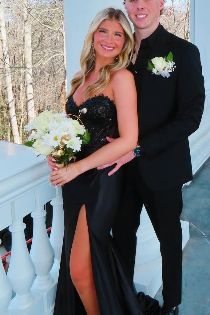 Black Strapless Sweetheart Lace Satin Sweep Mermaid Prom Dress, Slit