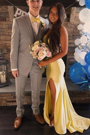 Yellow Halter Sleeveless Pleats Satin Backless Side Slit Formal Prom Dress