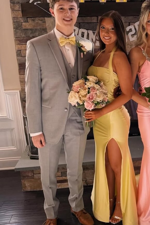 yellow halter formal dress Sleeveless Pleats Satin Backless Slit Prom product-group-sp2641626