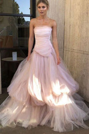 Pink A-Line Strapless Ruffles Tulle Empire-Waist Sleeveless Evening Prom Dress