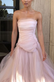 Pink A-Line Strapless Ruffles Tulle Empire-Waist Sleeveless Evening Prom Dress