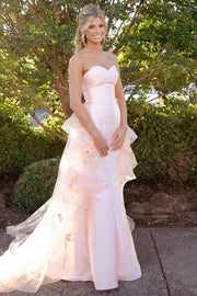 Elegant Pink Strapless Sweetheart Ruffles Appliques Long Prom Dress