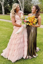 Cute Pink A-Line V-Neck Empire-Waist Ruffles Chiffon Sleeveless Prom Dress