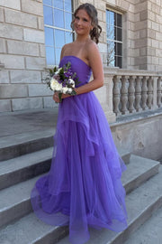 Strapless Ruffles A-Line Sleeveless Empire-Waist Tulle Long Prom Dress