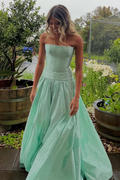 A-line Strapless Pleats Mint Satin Long Formal Prom Dress