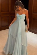 A-Line Strapless Sweetheart Chiffon Ruffles Prom Dress, Flower