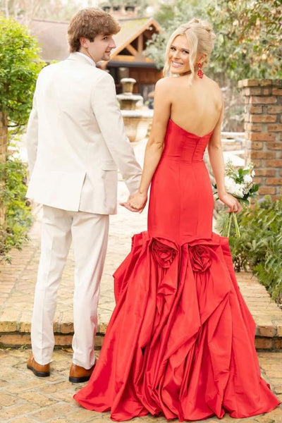 Red Strapless A-Line Ruched Flower Sleeveless Long Prom Dress