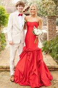 Red Strapless A-Line Ruched Flower Sleeveless Long Prom Dress