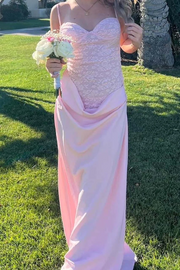 Pink Spaghetti Straps Appliques Sweetheart Pleats Fitted Long Prom Dress