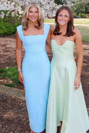 Blue Double Straps Square Neck Satin Formal Prom Dress