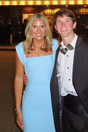 Blue Double Straps Square Neck Satin Formal Prom Dress