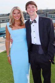 Blue Double Straps Square Neck Satin Formal Prom Dress