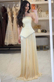 Yellow Strapless Beads Sleeveless Pleated Chiffon Evening Prom Dress