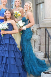 Strapless Lace Appliques Sleeveless Mermaid Long Prom Dress