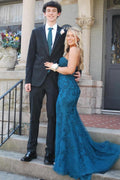 Strapless Lace Tulle Sleeveless Mermaid Sweep Long Prom Dress