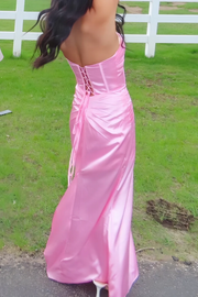 Pink Sweetheart Strapless Pleats Side Slit Fitted Sleeveless Satin Prom Dress