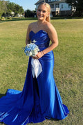 Strapless Royal Blue Lace Satin Pleats Sleeveless Long Prom Dress, Slit