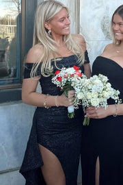 Black Classy Off-Shoulder Pleats Long Dress with High Slit