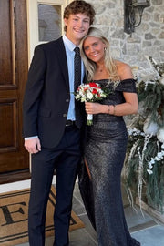 Black Classy Off-Shoulder Pleats Long Dress with High Slit