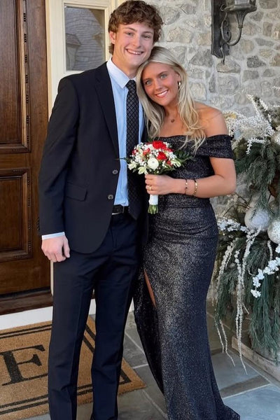 Black Classy Off-Shoulder Pleats Long Dress with High Slit