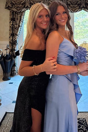 Black Classy Off-Shoulder Pleats Long Dress with High Slit