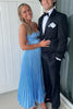 Blaues ärmelloses formelles Abschlussballkleid in A-Linie mit trägerlosem Design, Twist-Detail und Falten