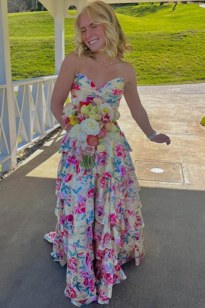 A-Line Strapless Ruffles Empire-Waist Print Long Prom Dress