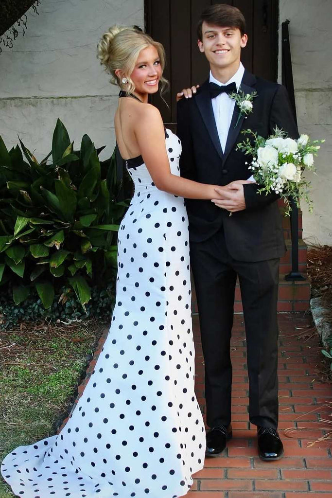 Halter Polka Dots Sweetheart Mermaid Sleeveless Prom Dress, Slit