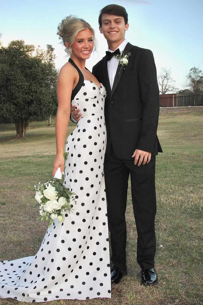 Halter Polka Dots Sweetheart Mermaid Sleeveless Prom Dress, Slit