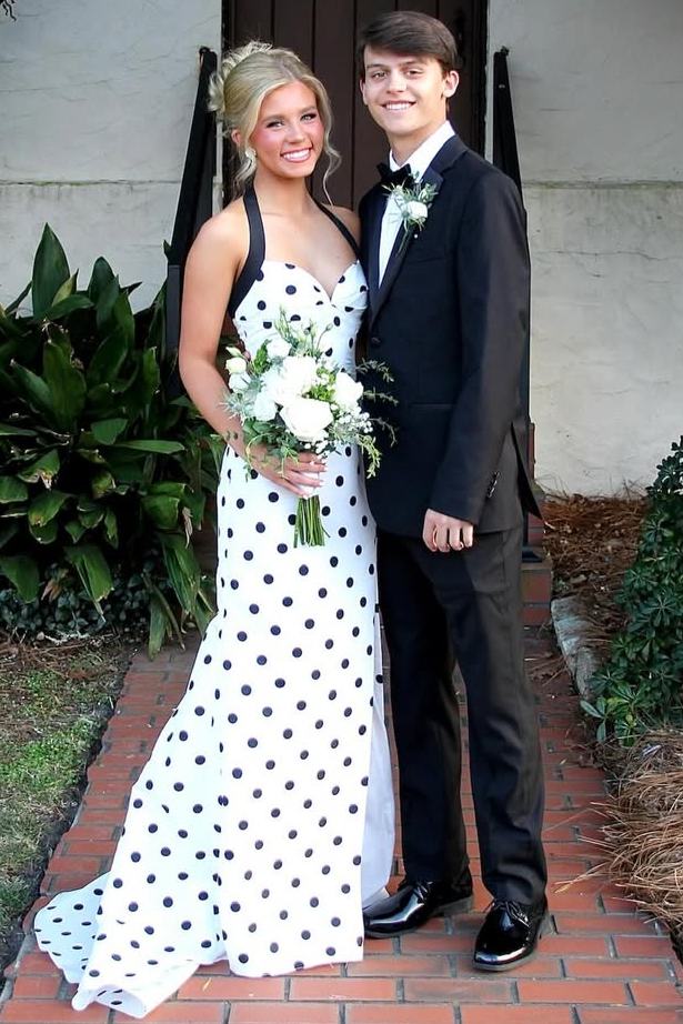 prom dress polka dot Halter Dots Sweetheart Mermaid Sleeveless Dress, Slit dot prom dress is Size:4'9