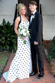 Halter Polka Dots Sweetheart Mermaid Sleeveless Prom Dress with Slit