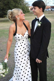 Halter Polka Dots Sweetheart Mermaid Sleeveless Prom Dress with Slit