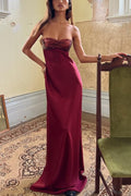 Strapless Sweetheart Sleeveless Satin Long Formal Prom Dress, Sequins