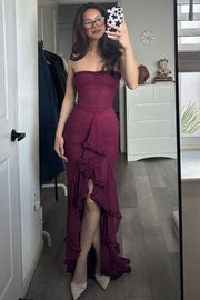 Strapless Ruffles Pleats Sleeveless Long Formal Prom Dress with Slit