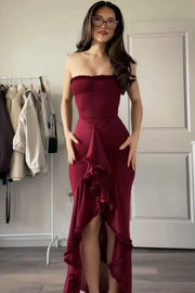 Strapless Ruffles Pleats Sleeveless Long Formal Prom Dress with Slit