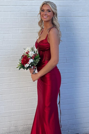 Red Spaghetti Straps V-Neck Sleeveless Long Prom Dress with Rhinestone