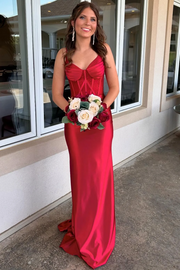 Red Spaghetti Straps V-Neck Sleeveless Long Prom Dress with Rhinestone