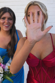 Red Spaghetti Straps V-Neck Sleeveless Long Prom Dress with Rhinestone