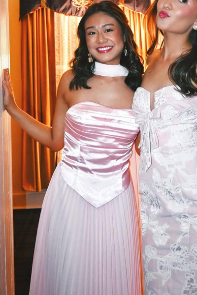 Pink A-Line Strapless Pleats Empire-Waist Pleated Chiffon Prom Dress