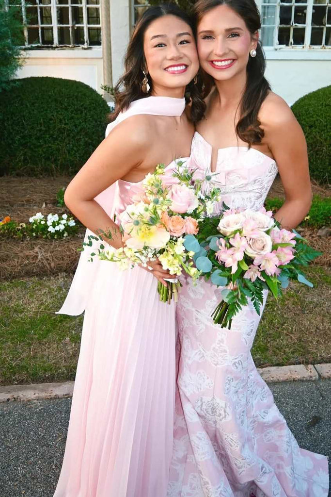 Pink A-Line Strapless Pleats Pleated Satin Chiffon Long Prom Dress Pink A-Line Strapless Pleats Pleated Satin Chiffon Long Prom Dress